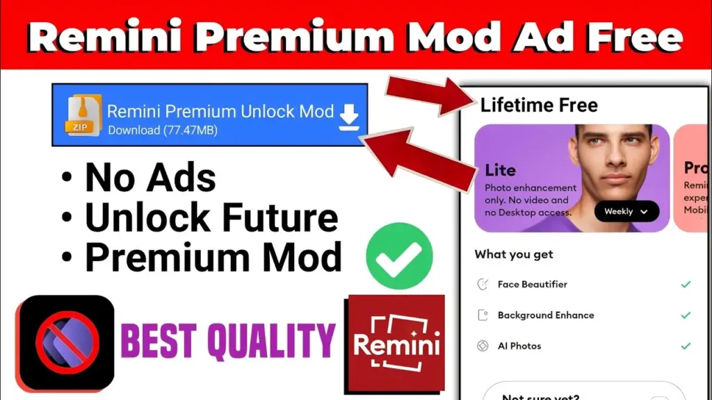 Remini MOD APK Banner with Logo and all the modified features