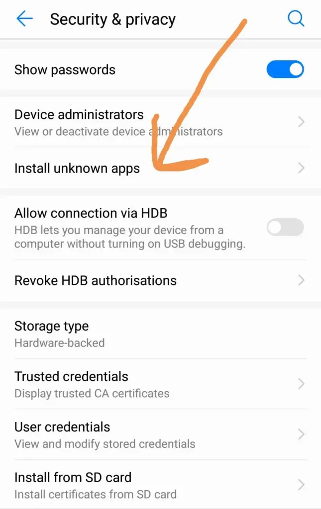 Mobile setting screenshot showing option "Apps install from unknow sources"