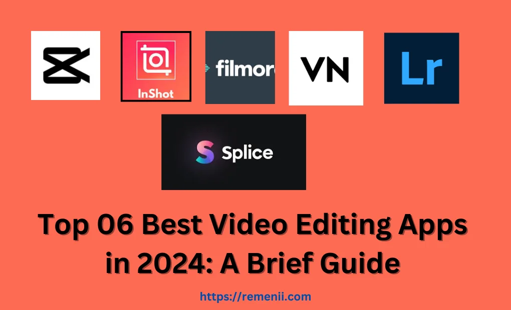 Logos of the top 6 best video editing apps for 2024 on an orange background, with a title and URL reference